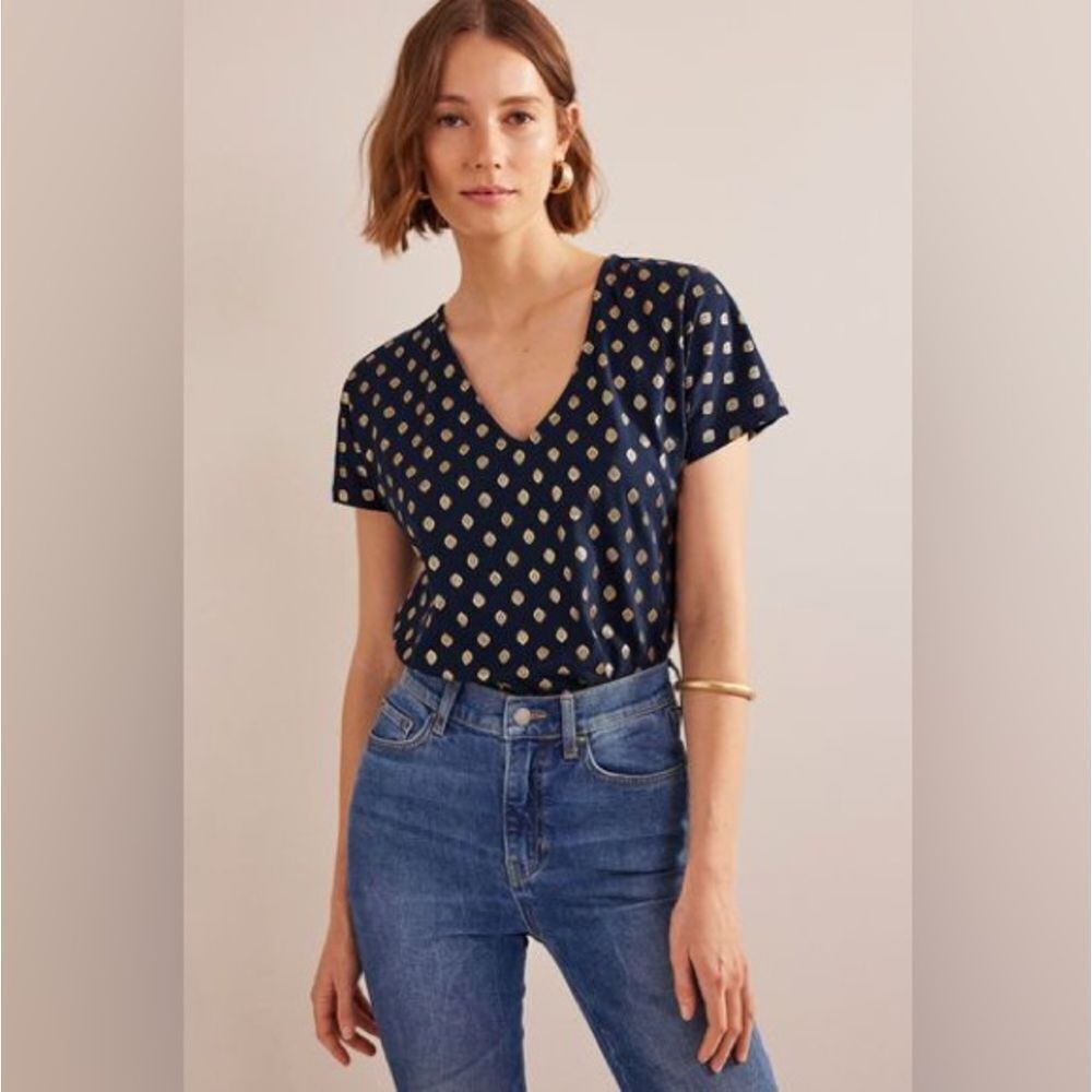 Boden V-Back Leaf Print Jersey Top, French Navy/Gold Size 20/22